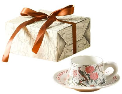 Reem Geafftar Juego de Taza de Té y Platillo, Juego de Taza de Café Espresso de Porcelana, con Platillo y Cuchara, Taza de Té Inglesa Vintage 260 ml / 8 Oz (Rosso)