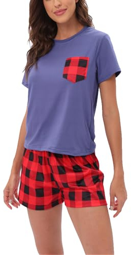 HENGERTOP Pijama Mujer a Pijamas para Mujer Corto de Impreso Conjunto de Pijama Mujer de 2 Piezas Ropa de Dormir para Casa Casual Suave y Comodo (FR/ES, Letras, L, Regular, Regular, Azul)