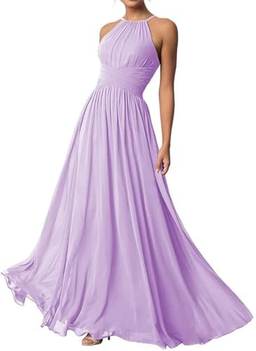 Damen Neckholder Brautjungfernkleider Lang Chiffon Kleider Abendkleider, Flieder, 36
