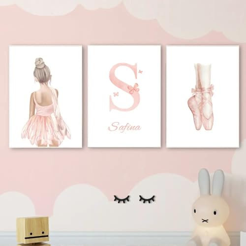 3 Bilder Kinderzimmer Mädchen Rosa Ballerina Poster Kinder Name Personalisiert Bilder Babyzimmer Mädchen Rosa Ballett Poster Kinder Wand Dekoration Kunstdruck Baby Geschenk Leinwand (YHPT011-30x40cm)
