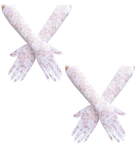 NHPY 2 Par de Guantes Blancos, Guantes Largos de Encaje para Mujer, Guantes de Encaje para Mujer