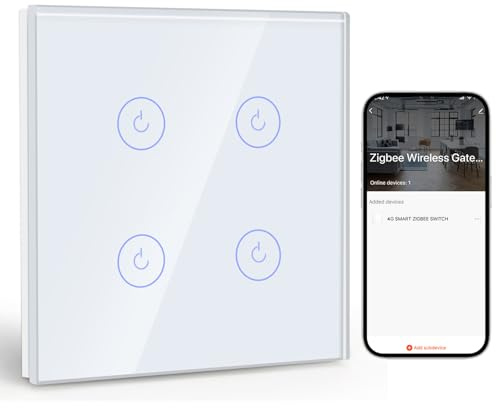 BSEED Smart ZigBee Unterputz Lichtschalter 4 Fach 1 Weg, intelligenter Wandschalter mit Alexa und Google Home, Touchscreen Schalter mit Glaspanel(Neutralleiter, Hub Gateway erforderlich) Weiß