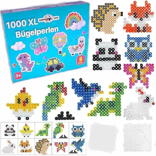 1000 Maxi XL 10mm Bügelperlen Set Tiere, 1 Maxi Stiftplatte, 1000 Bunte Bügelperlen, 10 Papiervorlagen, 5x Bügelpapier