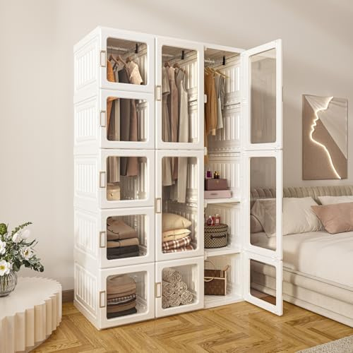 MAYIBOX Zusammenklappbarer Kleiderschrank,104x170x50cm, schnelle Montage, vielseitiger Schrank mit Kleiderstange und Magnettüren, perfekt für Schlafzimmer und Wohnzimmer, weiß transparente Türplatte