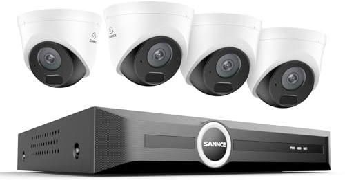 SANNCE Système de Caméras de Surveillance 8CH POE CCTV, Caméras 5MP avec Audio Intégral et NVR 4K POE, Détection AI des Humains/Véhicules (4 Caméras+NVR)