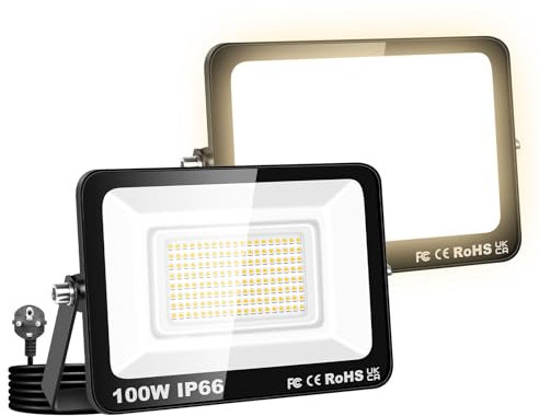 Willpower 2PCS Foco LED Exterior Interior Proyector LED 100W 10,000LM Focos de Luz 3000K Blanco Cálido IP66 Luz de Inundación Iluminación para Garaje Patio Jardín Terraza Parque Trabajo, con Enchufe