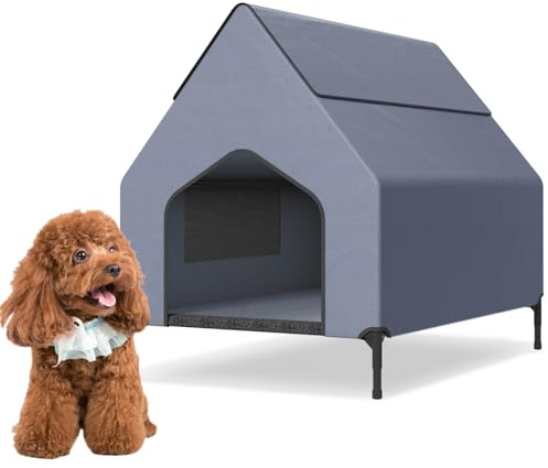 Aufun 2 in 1 Outdoor Hundeliege überdacht, Erhöhte Hundehütte aus Wetterfest Strapazierfähiges Oxford Material mit Mesh Fenster für Hunde bis 40 kg, Hundebett mit abnehmbaren Füßen, 91 x 65 x 86 cm