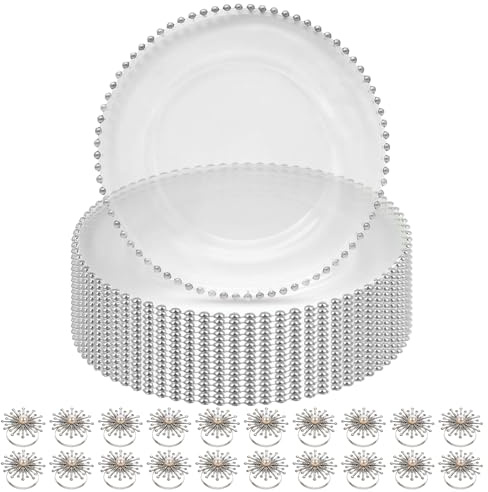 Clear Acrylic Charger Plate Set with Silver Beaded Rim & Pearl Diamante Napkin Rings – Elegant Table Dining Decor for Weddings, Dinner, Party, Banquets & Special Events - 50 Pieces