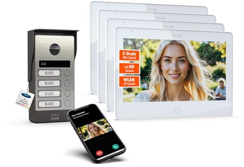 m-e ALLVISO Video Türsprechanlage, 2 Draht IP BUS, Aufputz Gegensprechanlage mit Kamera und Türöffner, 10 Monitor, kostenlose Handy App, Türklingel mit Kamera und Türöffner fürs 4 Familienhaus