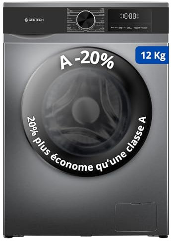 Lave-linge frontal GEDTECH GLL121400DG - 12 Kg - 1400 tr/mn - 16 programmes - Eco - Intensif - Rapide – Très Faible conso - Classe A-20% (Dark Grey, 12 Kg)