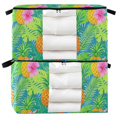 Amooorous Summer Pineapple Palm Leaf Green 60/95L contenedor de almacenamiento con cremallera con tapa con asas reforzadas, contenedores de almacenamiento transparentes con tapa para mantas, edredones