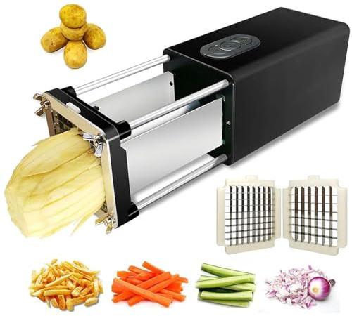 Automatic French Fry Maker with Safety Lock - Electric Potato Cutter for Home Use w/ 2 Blades (1/2 & 3/8) - Dishwasher Safe Vegetable Slicer for Potatoes, Sweet Potatoes & Carrots