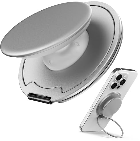 Sinjimoru Magnetic Phone Grip for MagSafe, Kick-Out Ring Stand, Silver | M-Tap Tok Ring Stand, soft silicone grip, Adjustable Kickstand for Portrait or Landscape, metal plate included