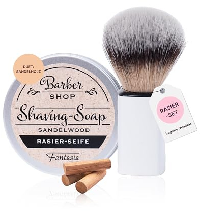 Fantasia® Beauty Rasier-Set weiß (Set) - Synthetikhaar Rasierpinsel & Sandelholz Rasierseife in Aludose - Vegan & ideal für Bartpflege - Perfekt als Herren Geschenk - Rasierpinsel Set - Shaving Soap