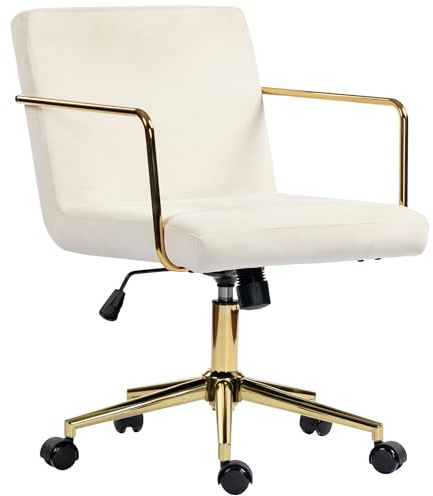 HOMCOM Schreibtischstuhl Höhenverstellbar Wippfunktion 120 kg Cremeweiß | Bürostuhl mit Samtoptik, Drehstuhl mit Armlehne aus Stahl, für Arbeitszimmer Schlafzimmer
