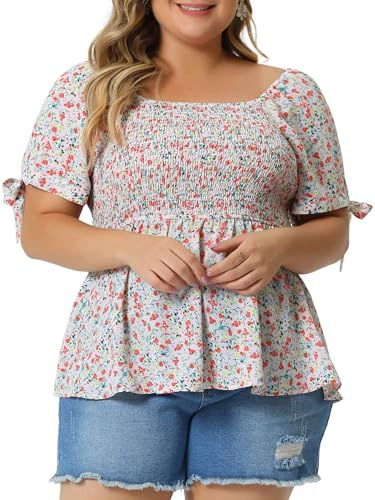Agnes Orinda Blusas casuales de talla grande para mujer Escote cuadrado Pajarita movida Camisas de manga corta Tops de verano