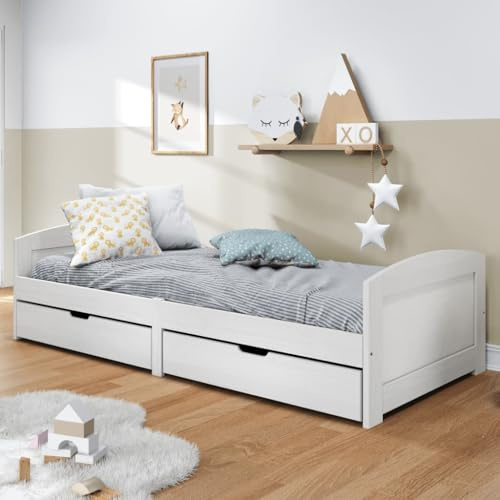 Frdhee Polsterbett Palettenbett, Tagesbett mit 2 Schubladen iRun Weiß 90x200cm Massivholz Kiefer, Modern, Gästebett, Einfacher Aufbau