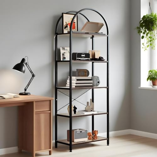 Hapihom Arched 5 Tier Bookcase, Narrow Floor Standing Bookshelf with Sturdy Metal Frame, 60x28x180cm Tall Bookshelf, Freestanding Display Shelving Unit for Living Room, Bathroom, Office - Brown