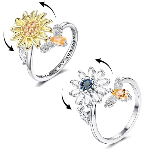 KRFY 2 Pièces Bague Anti Stress Femme Reglable Bague Femme Argent Fidget Spinner Fleur Fidget Bagues Anti-Stress Ouvertes Set Cadeaux avec Boîte