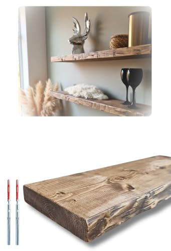 HOLLIS-WOOD Wandregal schwebend, rustikale Designkante – Massivholz 40 mm, 20 cm tief, unsichtbare Halterung, handgefertigt (120 cm, Einzeln)