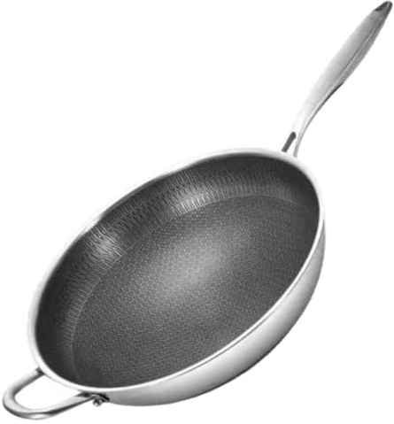 HOMSFOU Sartén Wok de Acero Inoxidable 32 Cm Doble Asa y Diseño de Panal Antiadherente para Cocina de Inducción, Utensilio de Cocina Resistente y Práctico para Saltear Verduras y