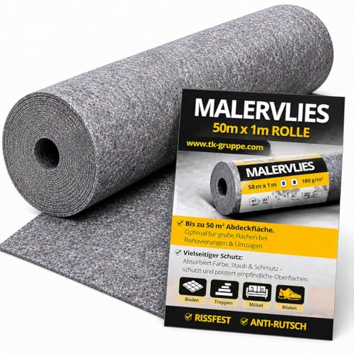Abdeckvlies Malervlies 50m x 1m (180g/m²) – Anti-Rutsch Beschichtung – Allzweckvlies für Umzug, Möbel- & Bodenschutz bei Renovierung (1)