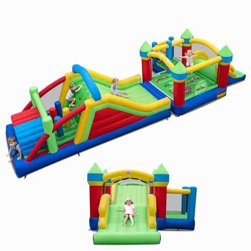 COSTWAY Château Gonflable avec 2 Toboggans et Maison de Saut, Aire de Jeux Gonflable avec Tunnels et Mur d’Escalade, 50 Balles Océaniques, Poteaux d’Obstacles, Intérieur Extérieur pour 3-12 Ans