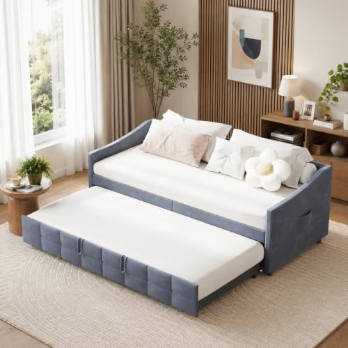 Sofá cama de 90 x 200 cm con cama nido, sofá de 2 plazas con somier de listones, sofá cama extraíble para jóvenes y adultos, terciopelo, sin colchón (gris 3)