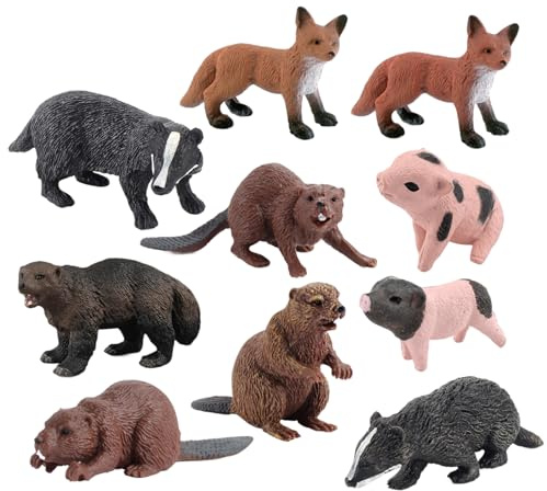 Xweptuy 10 Pezzi di Giocattoli di Animali, Figure di Animali realistiche includono Tasso Castoro Formichiere Wolverine Giocattoli educativi per l'apprendimento Set di Compleanno per Bambini raga