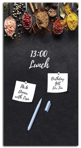 Memoboard Magnettafel Magnetpinnwand Magnetboard | Magnetwand hochkant zum Beschriften | Glas Küche rot schwarz Gewürze Küchenbild | nur für extra starke Magnete geeignet | Dark Spoons, L (30 x 60 cm)