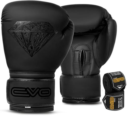 EVO Maya Hide Leather Pro GEL Boxing Gloves For MMA Punch Bag Sparring Muay Thai KickBoxing Fighting Training Glove with FREE Boxing Hand Wraps (Black Diamond Matt, 12 OZ)