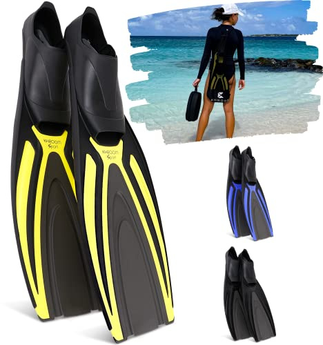 Khroom Schwimmflossen Erwachsene Made in Italy | Lange Tauchflossen für kraftvollen Vortrieb | Schnorchelflossen Damen Herren mit geschlossener Fußtasche & Netzbeutel | Made in Italy | Lange Flossen für Training & Apnoe | Geschlossene Fußmuschel | Grip-Sohle | Netzbeutel | Damen & Herren