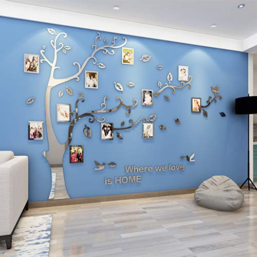 Wandtattoo Baum 3D DIY Wandaufkleber Family Stammbaum Fotowand Baum Wandtattoo Wall Sticker mit Bilderrahmen Foto Wandsticker Wanddeko Deko Wohnzimmer Schlafzimmer (Silber Rechts,M)