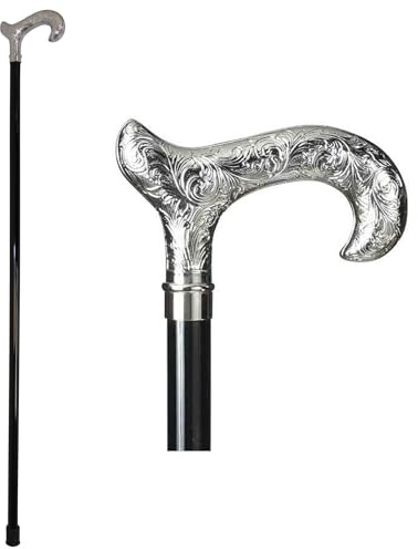 DELFA Design Gravur/Laserung Gehstock Spazierstock - mit silbernem Derby als Griff - schwarzer Holzschaft - die Elegante Gehhilfe