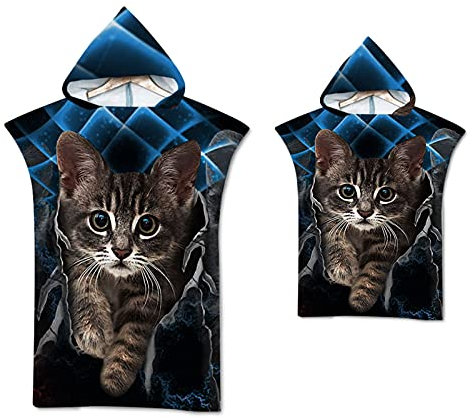 Groß Strandtücher Poncho Mikrofaser Kaputzen Tier Tiger Wolf Katze Hund Pferd Motiv Strand Bade Bademantel Badetuch Duschtücher Handtücher für Damen Herren (Katze,Kinder & Erwachsene 2PCS)