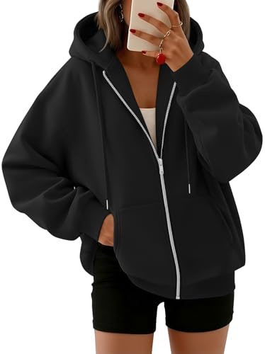 Trendy Queen Womens Zip Up Hoodies Oversized Sweatshirts Fall Fashion Spring Outfits Casual Jackets 2026 Winter Clothes Black XL