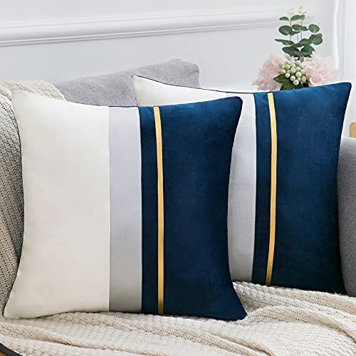 Serento Samt Kissenbezug 2er Set Blau Dekokissen Streifer Einfacher Moderner Kissenhülle Quadratischer Weiß Blau Gold Sofakissen für Wohnzimmer Schlafzimmer Couch Garten Bett 50 * 50cm