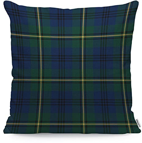 WONDERTIFY Tartan Cushion Cover Yellow Lockerby Johnston Clan Plaid Scottish Decorative Throw Pillow Covers For Couch, Bed Sofa Pillows Case Blue Green 45X45 Cm