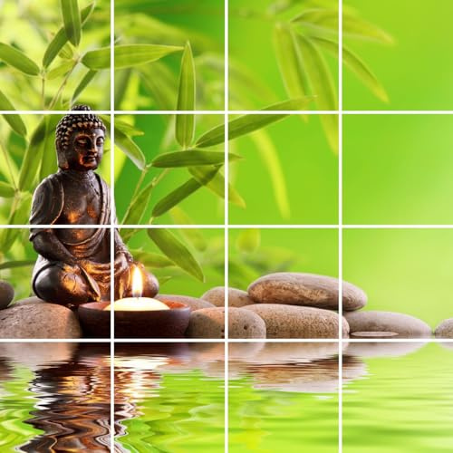 FoLIESEN Fliesenaufkleber - Deko-Bild für Bad, Küche, Badezimmer - Dekoration Fliesen-Bild selbstklebend - Buddha Zen Garten, Fliese - Bild (BxH):15x15 cm - 60x60 cm / 16-tlg.
