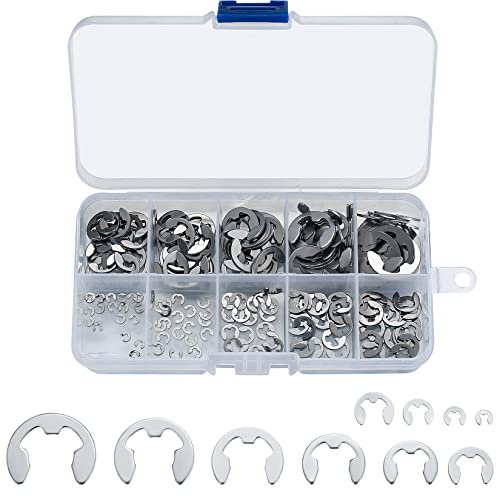 Ewwtrey 200 Pièces Anneaux de Retenue E-Clip, Rondelles de Blocage en Acier Inoxydable pour Arbres, Kit d'Assortiment de Circlips Internes et Externes, M1.5/M2/M3/M4/M5/M6/M7/M8/M9/M10