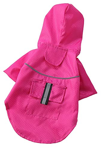 Hunderegenmantel Regenjacke Verstellbar Reflektierend Leicht Hund Regenmäntel Kapuze Zupfponcho für Kleine bis Große Hunde Rose Rot S