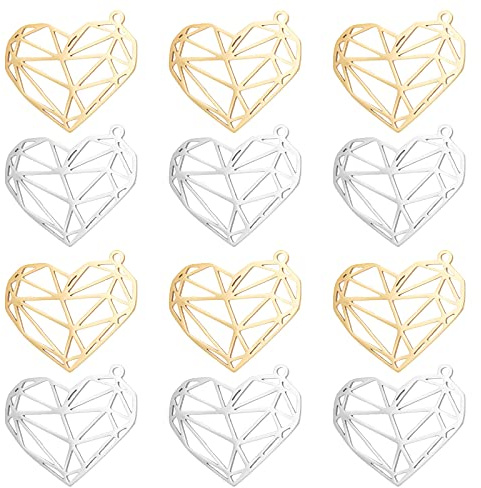DICOSMETIC 12 Stück 2 Farbens Herzanhänger Edelstahl Herz Liebe Anhänger Goldene Rautenform Hohl Charme Anhänger Für DIY Armband Halskette Schmuck Schmuckherstellung, Bohrung: 1.4mm