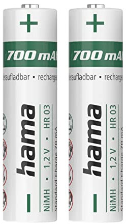 Hama Akku Batterien AAA aufladbar, 2 Stück (mit hoher Kapazität, 700 mAh, 1,2 V, wiederaufladbar, geringe Selbstentladung, Akku AAA Micro, NiMH Akkus, für schnurlose Telefone, Fernbedienung etc.)