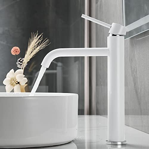 Maynosi Robinet Lavabo à Grande Hauteur, Mitigeur Haut pour Vasque, Robinets de Lavabo pour Salle de Bain, Robinets de bain Style Moderne, Eau Chaude et Froide Disponible (Blanc)