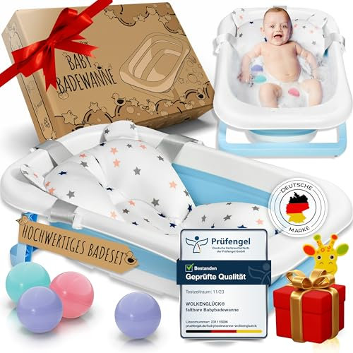 WOLKENGLÜCK® Faltbare Babybadewanne [50 Liter] - Platzsparende Baby Badewanne inkl. Thermometer, 4 Spielbällen & extra weichem Badekissen - Hochwertige Badewanne für Babys - BPA-frei