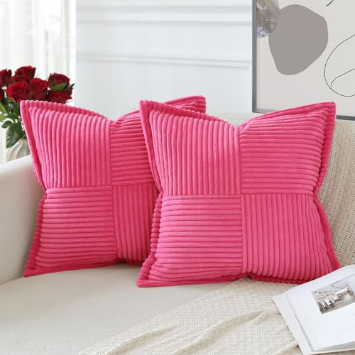 Artscope 2er Set Kordsamt Kissenbezüge Samtkissen Weich Dekokissen Dekorativ Kissenbezug Modern Kissenhülle Umwickelte Kante Sofakissen für Wohnzimmer Schlafzimmer Rose Rot, 50x50cm