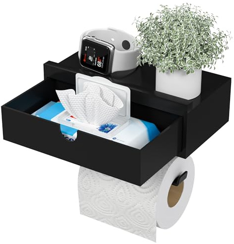 EXABANG Toilettenpapierhalter Bambus mit Feuchttücherbox (Schwarz) | Klopapierhalter, Klorollenhalter
