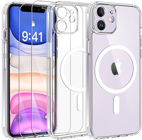 Qasyfanc Custodia magnetica ibrida compatibile con iPhone 11, con 2 pellicole protettive, compatibile con MagSafe, magnetica per sottile, trasparente, antiurto, per iPhone 11, trasparente