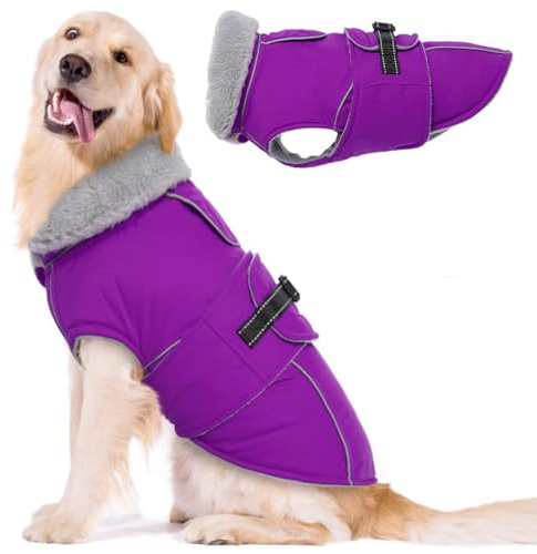 Lelepet Hundemantel Winterweste Reflektierende Fleece Hundejacke für Große Hunde Wasserdicht Hundejacke Wintermantel Warme Winterjacke mit Verstellbarer Schnalle (Lila, XL)