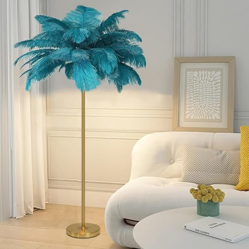 ANram Lampadaire en Plumes d'Autruche Naturelles - Corps Doré, 3 Couleurs à Intensité Variable - Décoration Simple pour Chambre et Salon - Ampoule LED G4 Incluse